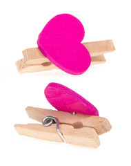 Wooden Clip shaped heart isolated on white background.