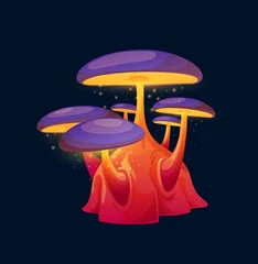 Foto op Aluminium Fantasy magic toxic purple mushroom, vector flickering alien fungus. Cartoon glowing plant of unusual shape, natural element for fairy tale book or game interface isolated sparkling wonderland fungi © Vector Tradition