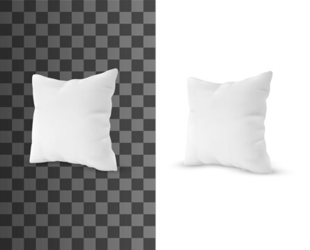 Square pillow realistic vector object. Bedroom sleeping pillow or sofa white cushion pillow with feather, down or synthetic fill and textile, silk pillowcase 3d vector mockup