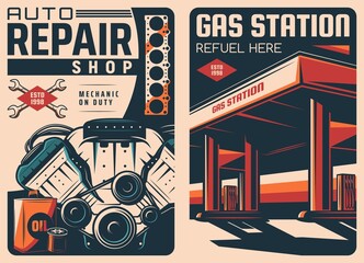 Fototapeta Gas station and car repair retro posters. Auto mechanic workshop, repair garage station and spare parts store vector vintage banner with car engine gasket, oil can and air filter, gas station building obraz