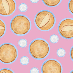 Vector seamless pattern. Top view of stack of thin pancakes in blue ceramic plate and bowl of sour cream isolated on pink background.