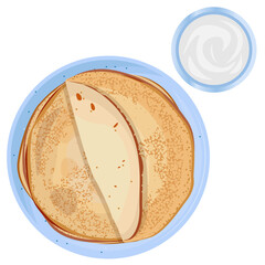 Top view of vector stack of thin pancakes in blue plate and sour cream isolated on white background.