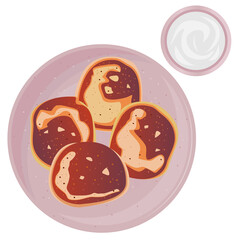 Top view of vector pancakes on pink ceramic plate and bowl with sour cream isolated on white background.