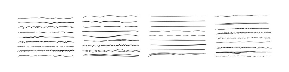 Set of wavy horizontal lines. Marker hand drawn line border set and doodle design. Hand drawn grunge brush strokes - obrazy, fototapety, plakaty
