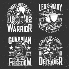 Fototapeta premium Knight warrior heraldic shields and t-shirt prints, vector fight club emblems. Medieval knight warrior or royal guardian in armor helmet with sword, legendary defender freedom and liberty slogans
