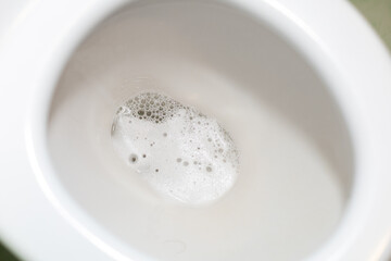 The process of cleaning the toilet, draining the water in the toilet.