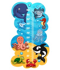 Kids height chart with funny sea animals, growth meter or children stadiometer. Measure ruler vector scale wall sticker with cartoon cute sea turtle, octopus, whale and crab, jellyfish and shark - obrazy, fototapety, plakaty