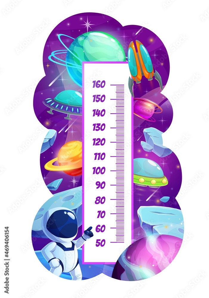 Poster kids height chart astronaut and galaxy planets growth measure meter. cartoon vector wall sticker wit