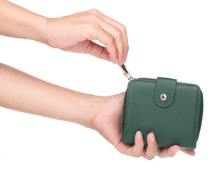 Hand holding green wallet isolated on white background.