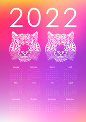 Calendar for 2022. Year of the tiger with gradient.