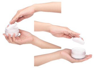 Collection of hand holding Loose powder isolated on white background.