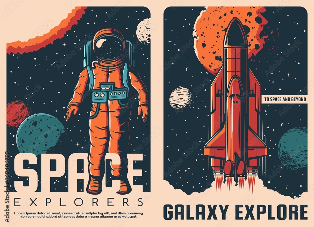 Poster astronaut and spaceship retro posters. galaxy exploration, space travel and planets research vector 
