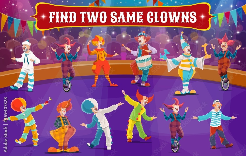 Poster find two same circus clowns, vector kids maze and education game. matching puzzle game, funny quiz, 