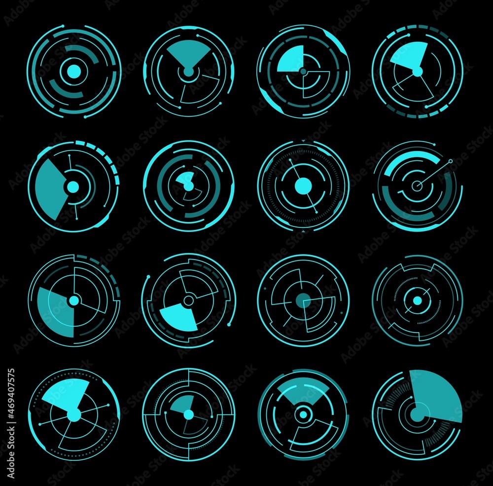 Leinwandbilder HUD interface round radars, futuristic circles game UI, vector icons. HUD digital interface for screen dashboard, round frames of sonar of radar or location tracking scanner or gauges for display
