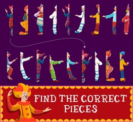 Half pieces kids game with circus clowns. Education puzzle, matching maze, riddle or attention test, connect pictures of cartoon clowns, shapito jester or joker with funny wigs and red noses