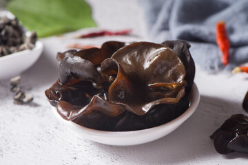wet black fungus on wood background