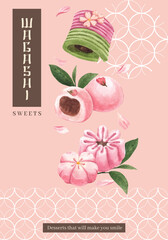 Poster template with wagashi Japanese dessert concept,watercolor style