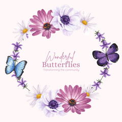 Wreath template with purple and blue butterfly concept,watercolor style