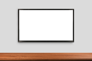 TV screen on grey wall. Blank white screen LED TV monitor display.