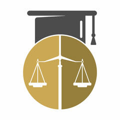 Law scale with graduation cap icon logo design. Law education vector logo concept.