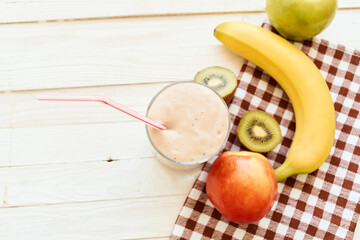 fresh fruit cocktail breakfast dessert organic wood background