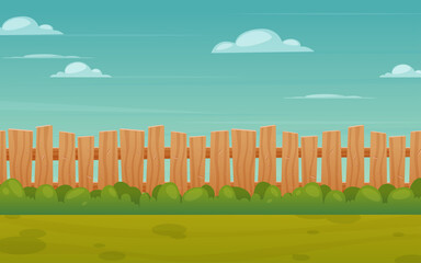 illustration of wooden fence with blue sky and green grass