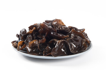 wet black fungus on white background.