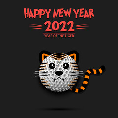 Happy New year. 2022 year of the tiger. Cute muzzle tiger in the form of a golf ball. Golf ball in the form of a tiger. Greeting card design template. Vector illustration on isolated background