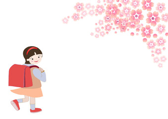 桜の木の下の小学生の少女のカラーイラスト