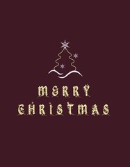 Holiday card with Christmas Tree, birds, Christmas ornament, dark red  background. Universal modern artistic templates.