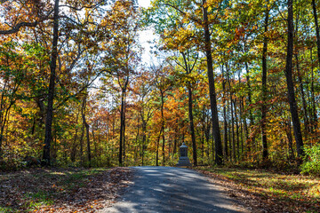 A road through the woods in the Gettysburg National Military Park on a sunny fall day