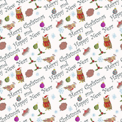 Seamless pattern illustration for decoration package wrapper owl and bird among the inscriptions congratulations snowflakes and holly flowers