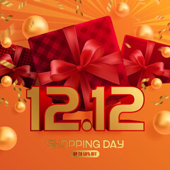 12.12 Shopping festival, Speech marketing banner design on  background and round podium  gift box, red ribbon and gold  Floating Ribbon with craft style.
