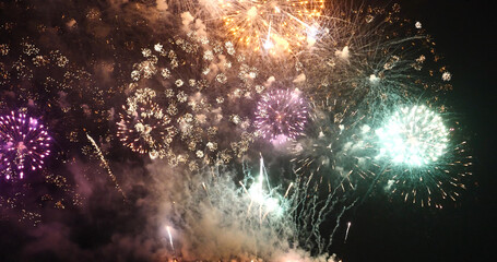 Green Firework celebrate anniversary happy new year 2022, 4th of july holiday festival. Green firework in night time celebrate national holiday. Countdown to new year 2022 festival party time event