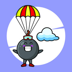 Bomb mascot cartoon is skydiving with parachute and happy gesture cute style design for t-shirt, sticker, logo element