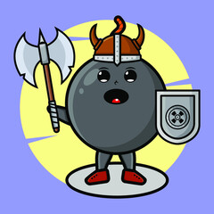 Bomb viking pirate character cartoon with hat and holding ax and shield in cute style design for t-shirt, sticker, logo element, poster