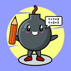 Bomb mascot cartoon as clever student with pencil cute style design for t-shirt, sticker, logo element