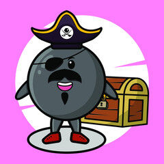 Bomb pirate character with hat and beside treasure box cute style design t-shirt, sticker logo element