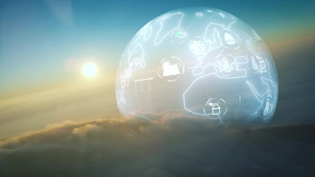 Aerial view of ocean of clouds at sunset monitoring planet earth from above. Environmental technology and innovation, for conserve the natural environment. Sustainable development green technology