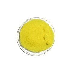 Close up chemical ingredient on white laboratory table. Potassium Chromate powder in Chemical Watch Glass. Top View