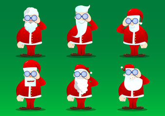 Santa Claus in his red clothes with white beard looking through binoculars. Vector cartoon character illustration.