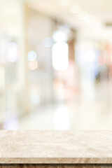 Empty brown cement table over blur store background, product display montage