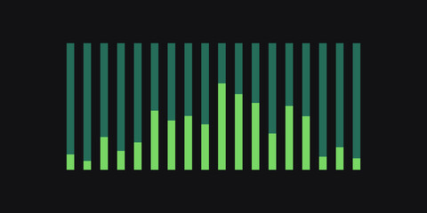 Oscillation graph, equalizer, sound wave, scale or change in defamatory vibrations. Graphical representation. Flat design. The rise and fall. Growth chart. Electric impulse. Green. Vector Illustration