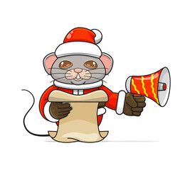 cute mouse wearing santa costume holding megaphone and reading script ad, cartoon animal mascot in christmas costume