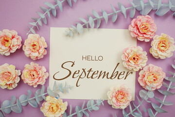 Hello September typography text and flower decorate on purple background