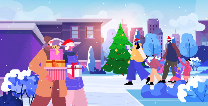 parents with children in festive hats walking outdoor christmas new year sale holidays celebration concept