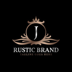 letter J luxurious rustic crest logo badge for beauty care, wedding organizer, hotel and cottage