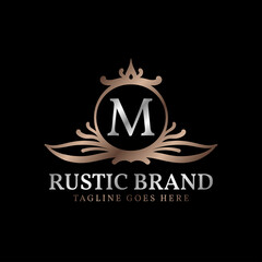 letter M luxurious rustic crest logo badge for beauty care, wedding organizer, hotel and cottage