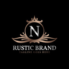 letter N luxurious rustic crest logo badge for beauty care, wedding organizer, hotel and cottage