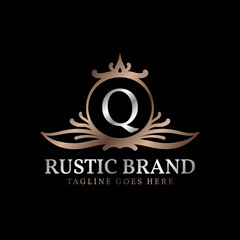 letter Q luxurious rustic crest logo badge for beauty care, wedding organizer, hotel and cottage
